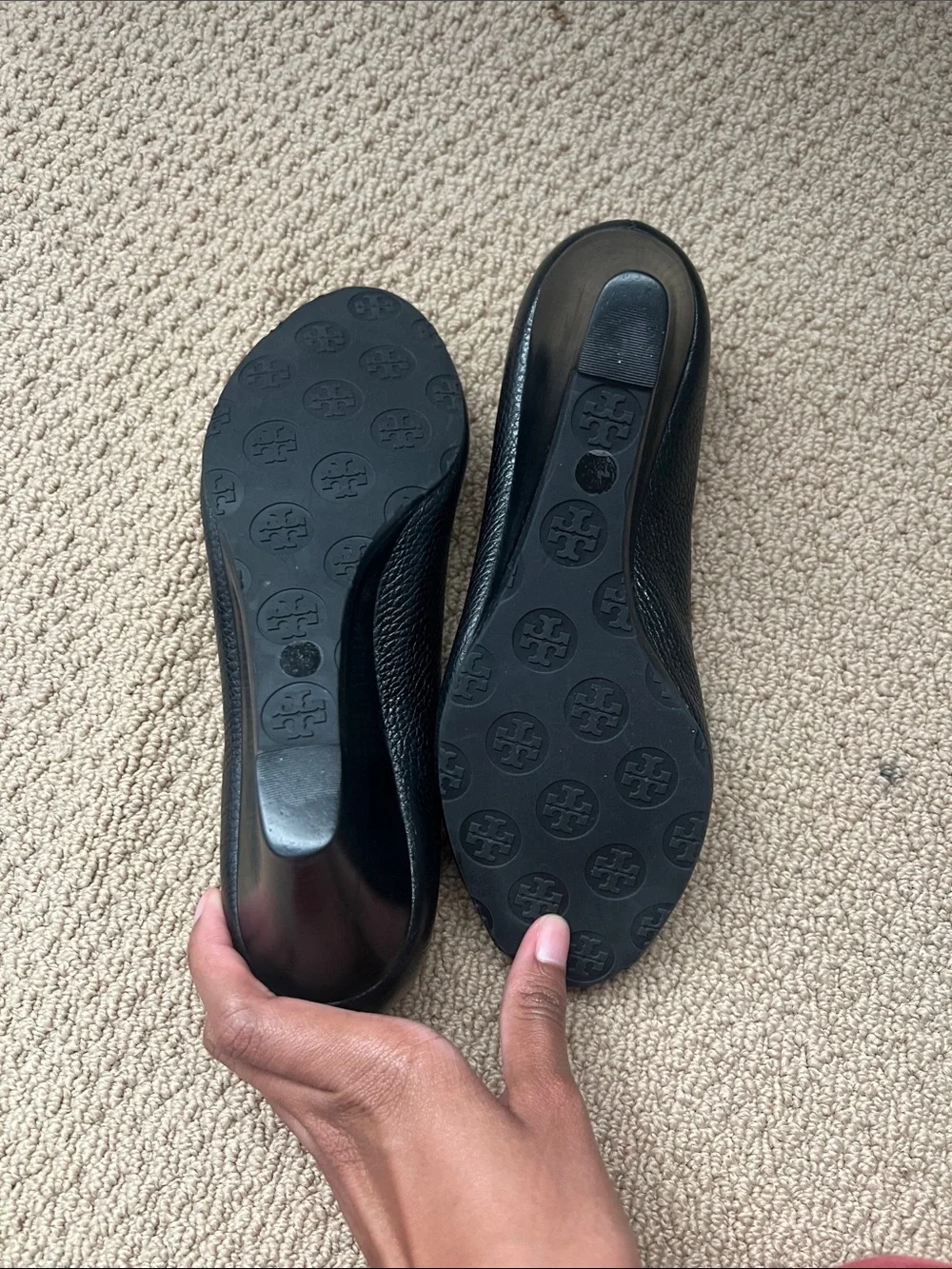 Tory Burch Black Pebbled Leather Wedge Pumps with Logo